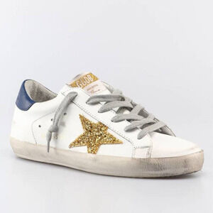 Golden Goose Super-Star Distressed Sneakers White and Blue w/ Gold Star EU 40